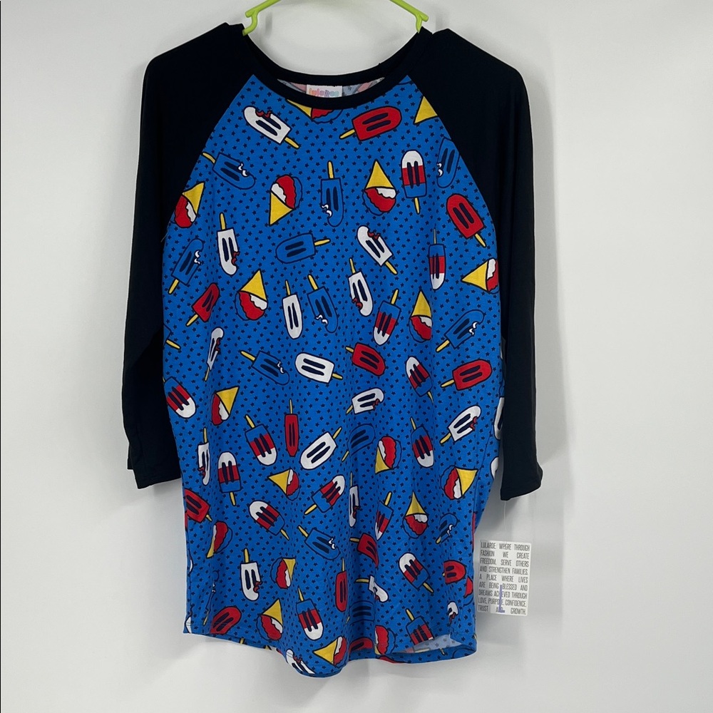 Lularoe Black and Blue Ice Cream Print Randy Shirt Size Large
